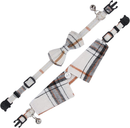 2 Pack/Set Cat Collar with Cute Bow Tie and Bell,Breakaway Plaid Shirt Collar for Kitty Adjustable Safety