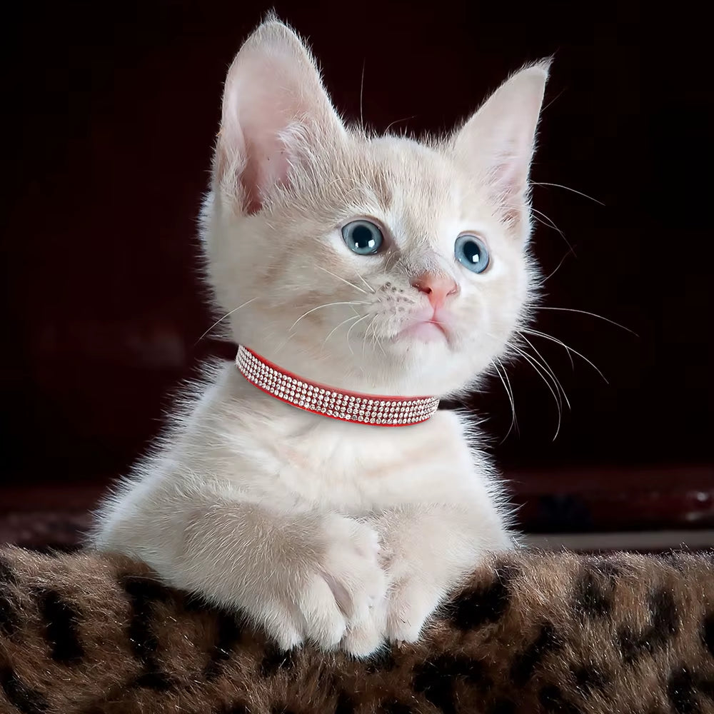 Soft Pink Suede Leather Cat Collar - Cute Bling Rhinestone Design, with Bell & Safety Breakaway Buckle, Adjustable XS/S Sizes