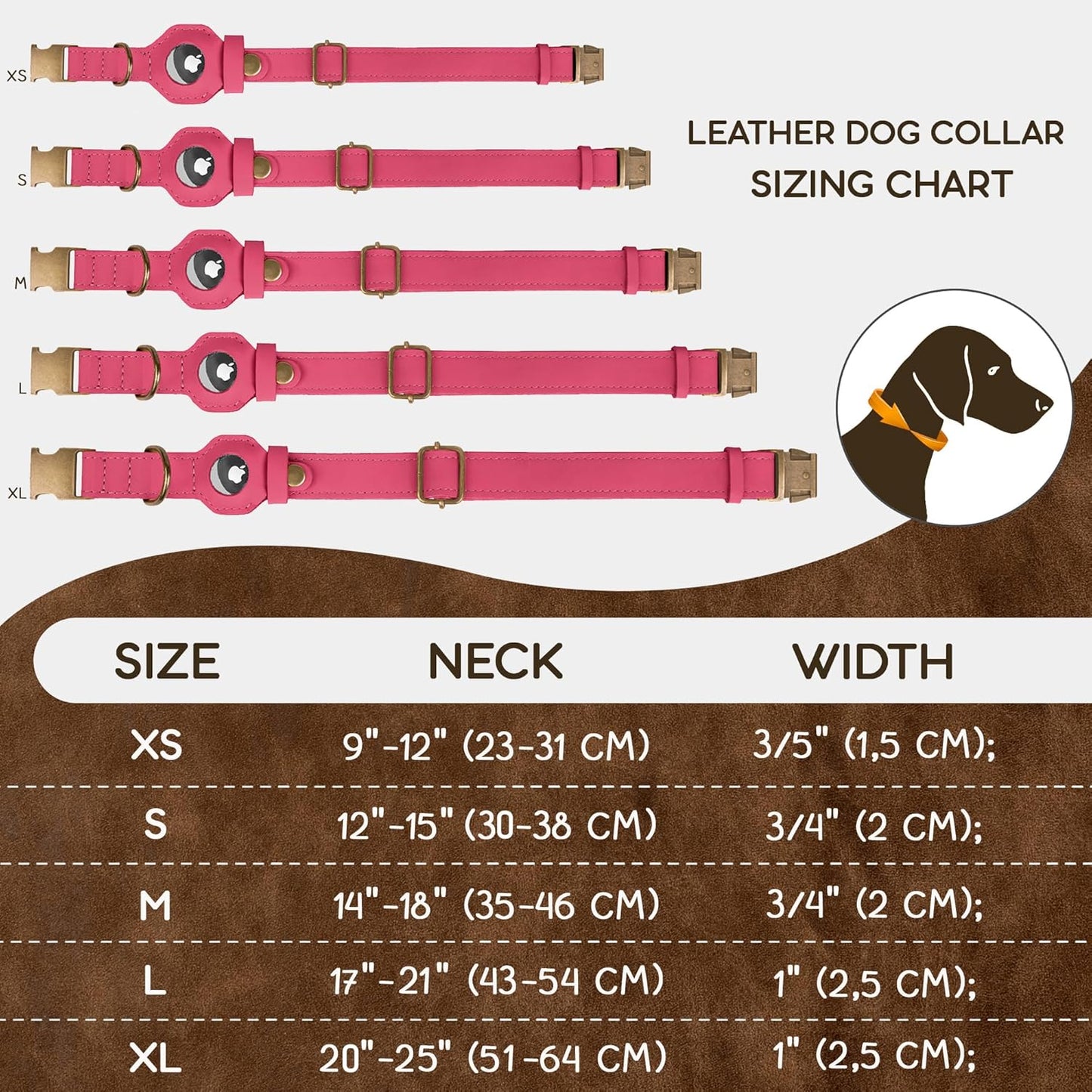 Airtag Dog Collar - Genuine Leather Dog Collar with Apple Airtag Holder and Metal Buckle - Smart GPS Tracking Pet Collars (Pink, S, 12"-15" Neck Fit)