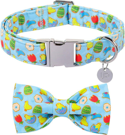 Patriotic Dog Collar with Bow Tie - 4th of July Comfortable Cotton American Flag Design for Large Dogs, Stylish Metal Buckle
