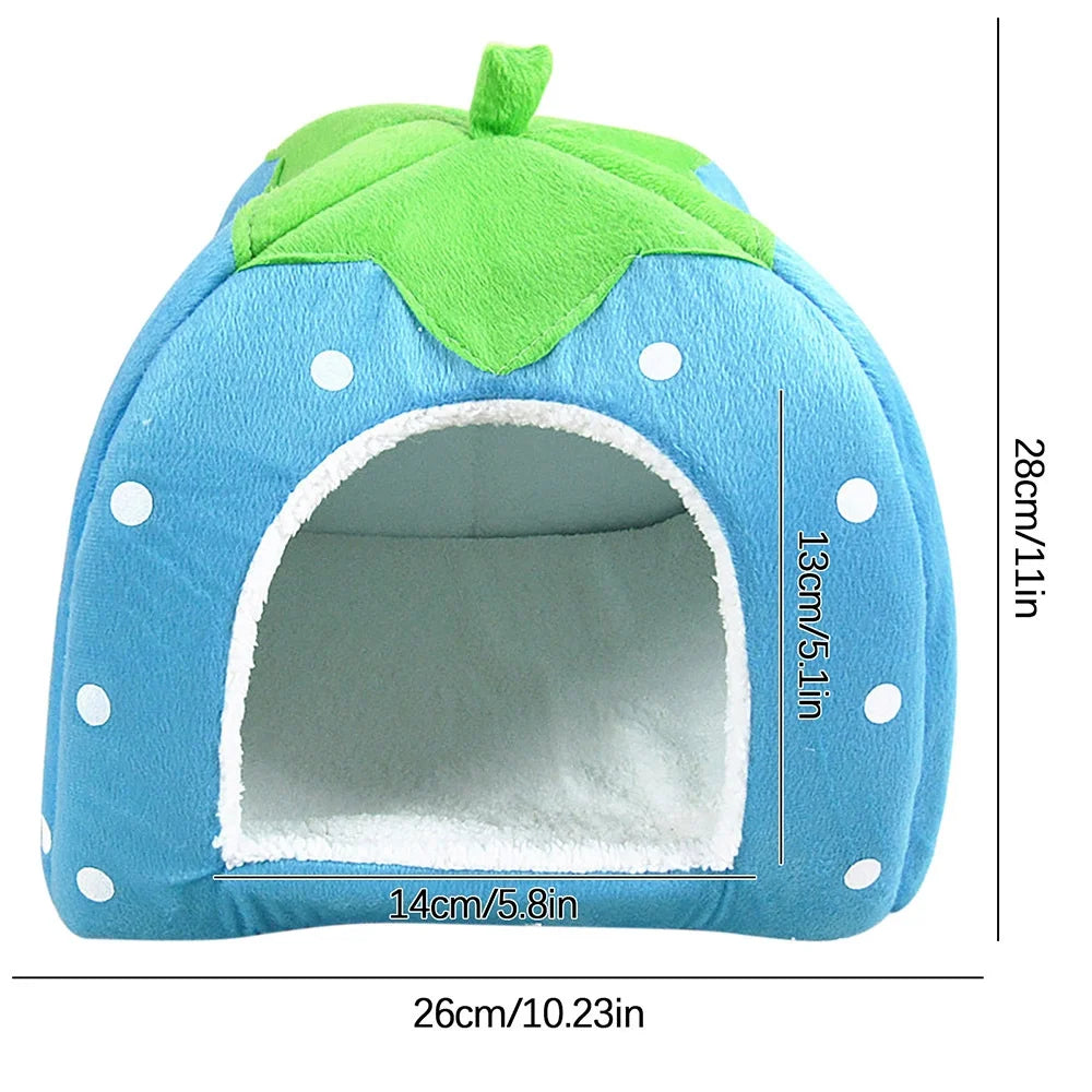 Cute Strawberry Cat House Indoors Winter Warm Pet Dog Bed Foldable Fleece Warm Yurt