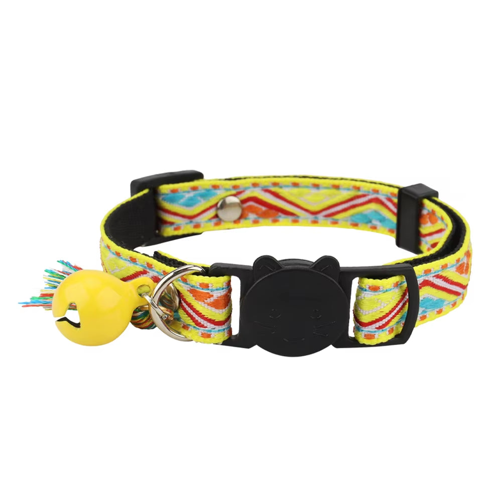 Adjustable Cat Collar Polyester Jacquard Pattern Pet Collar with Bell and Tassel Decoration for Cats and Small Dogs to Keep Lost