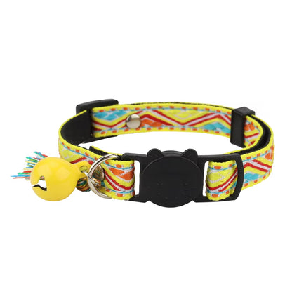 Adjustable Cat Collar Polyester Jacquard Pattern Pet Collar with Bell and Tassel Decoration for Cats and Small Dogs to Keep Lost