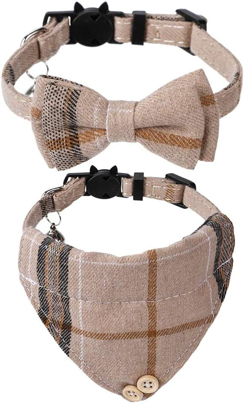 2 Pack/Set Cat Collar with Cute Bow Tie and Bell,Breakaway Plaid Shirt Collar for Kitty Adjustable Safety
