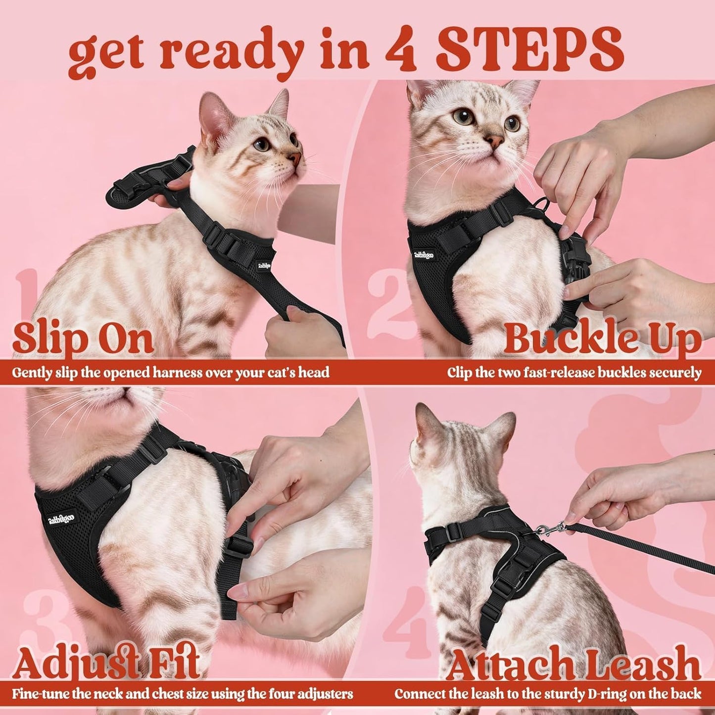 Cat Harness and Leash for Walking, Escape Proof Soft Adjustable Vest Harnesses for Cats, Easy Control Breathable Reflective Strips Jacket, Black, XS