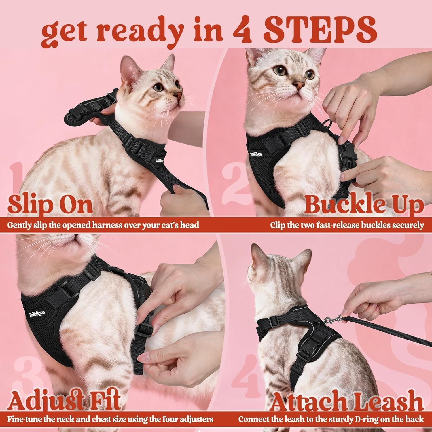 Cat Harness and Leash for Walking, Escape Proof Soft Adjustable Vest Harnesses for Cats, Easy Control Breathable Reflective Strips Jacket, Black, XS