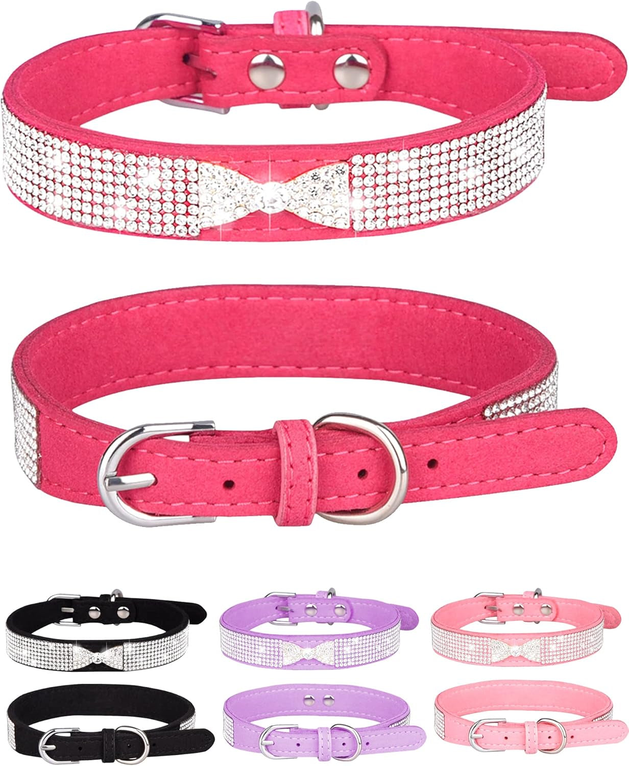 Dog Collar for Small Dogs, Adjustable Leather Suede Bling Dog Collars，Pink Dog Collar Cat Collar, Rhinestone Dog Collar(S, Pink)