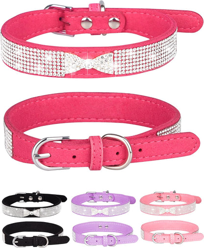 Dog Collar for Small Dogs, Adjustable Leather Suede Bling Dog Collars，Pink Dog Collar Cat Collar, Rhinestone Dog Collar(S, Pink)