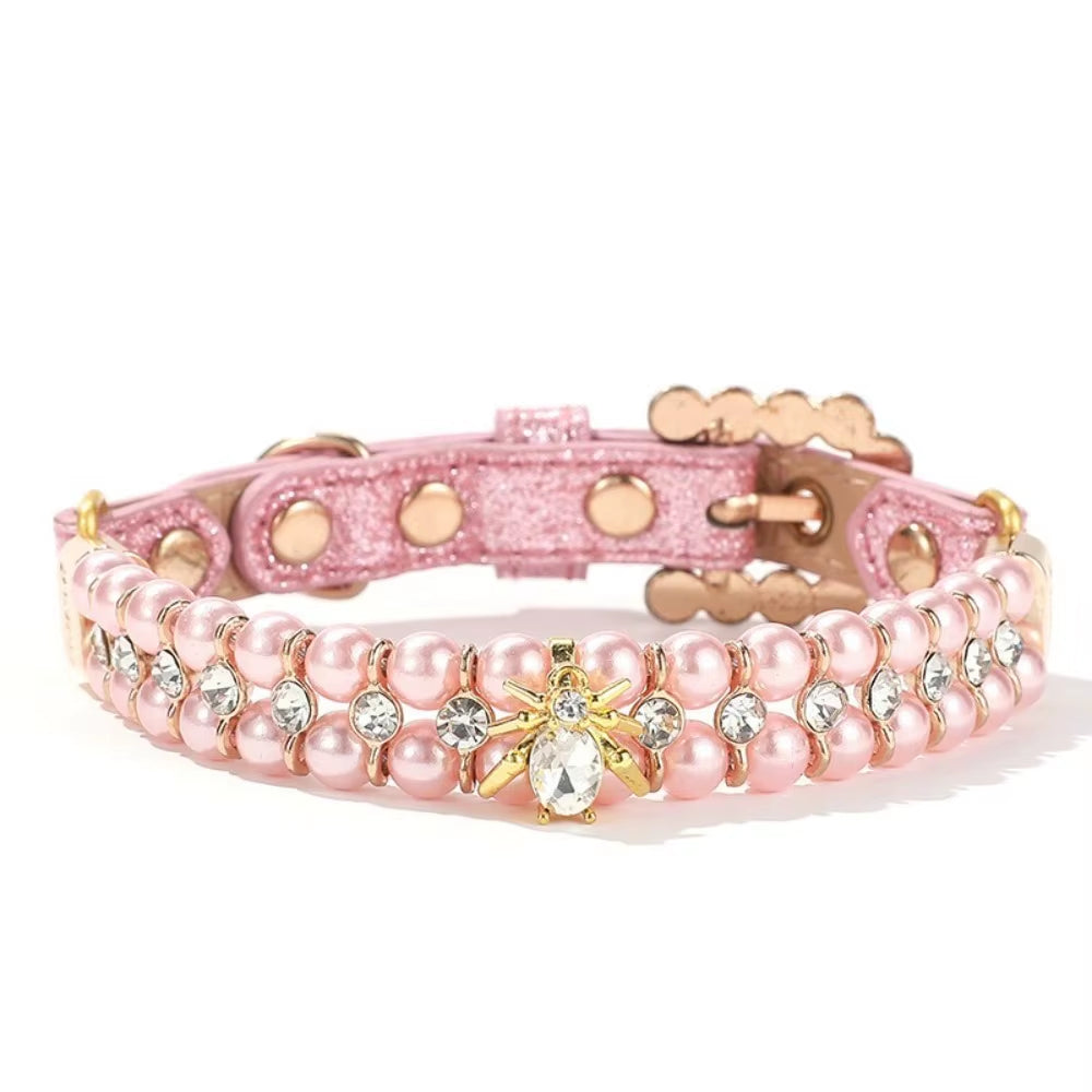 Adjustable Dog Cat Pearl Collars Rhinestone Bling Crystal Cat Necklace Luxury Jewelry PU Neck Strap for Small Dogs for Kitten