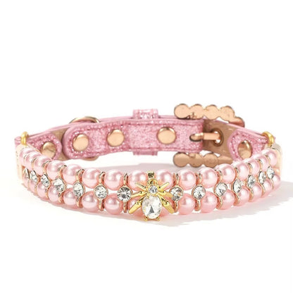 Adjustable Dog Cat Pearl Collars Rhinestone Bling Crystal Cat Necklace Luxury Jewelry PU Neck Strap for Small Dogs for Kitten