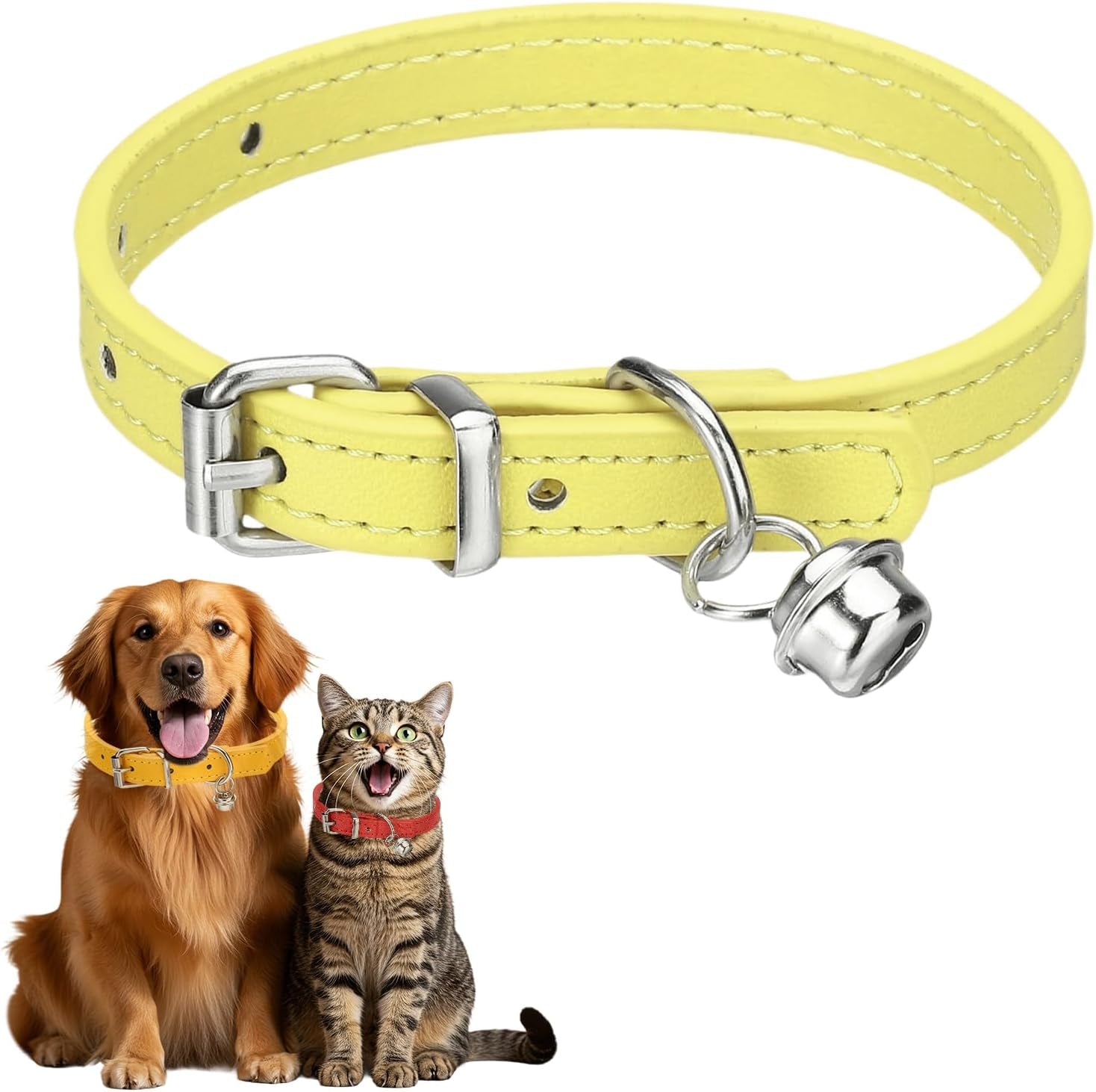 Dog Collar with Bell, Pu Leather Cat Collars Pet Basic Soft Padded Adjustable Buckle, 14.5" (Blue, 1 Pcs), Intended for Teacup/Little Dog/Kitten Cats/Small Animals