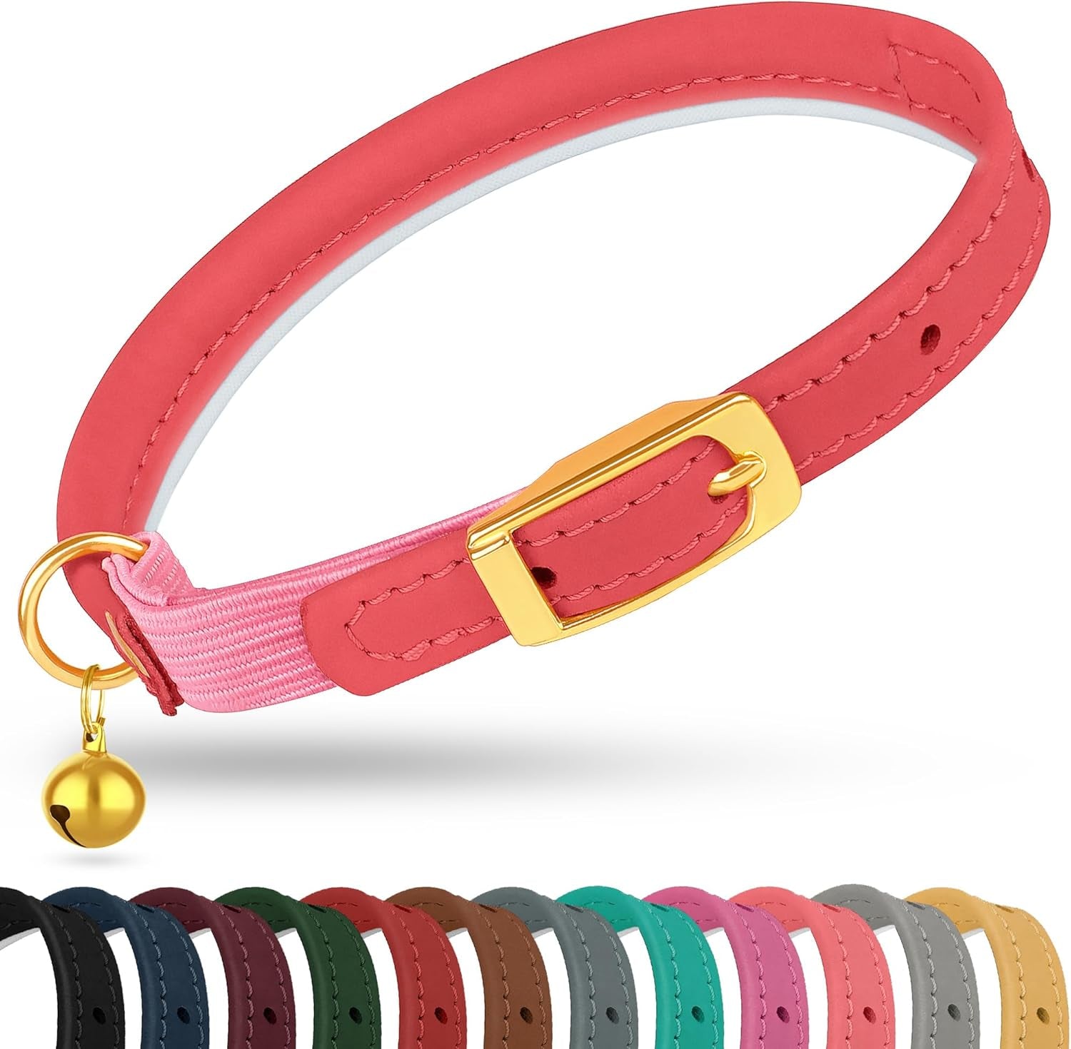 Rolled Leather Cat Collar with Bell - Reflective Kitten Collar with Safety Elastic Strap - Adjustable Small Pet Collars for Boy Girl Cats (Fuchsia)