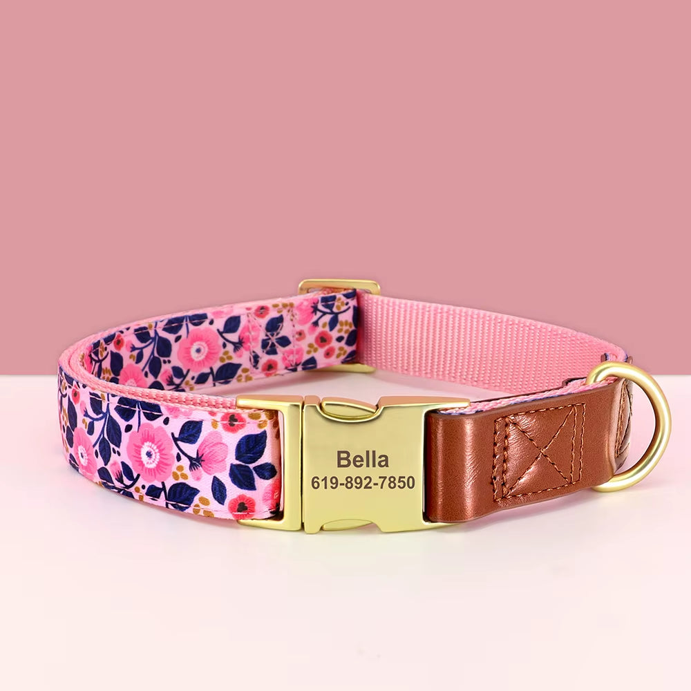 Custom Engraved Dog Collar Adjustable Pet Buckle Collars Anti-Lost Flower Printed for Small Medium Large Dogs French Bulldog