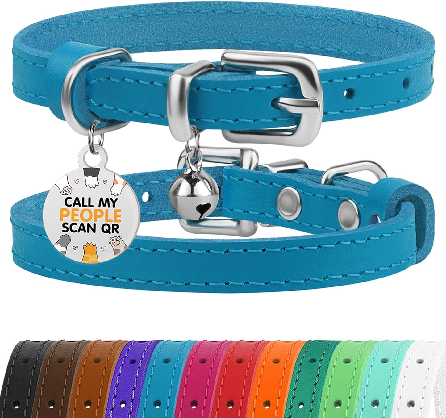 Leather Cat Collar with Removable Bells Non Breakaway Kitten QR Tag for Girl Boy (7" - 9" for Cats, Purple & Gold)