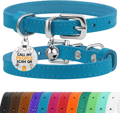 Leather Cat Collar with Removable Bells Non Breakaway Kitten QR Tag for Girl Boy (7" - 9" for Cats, Purple & Gold)