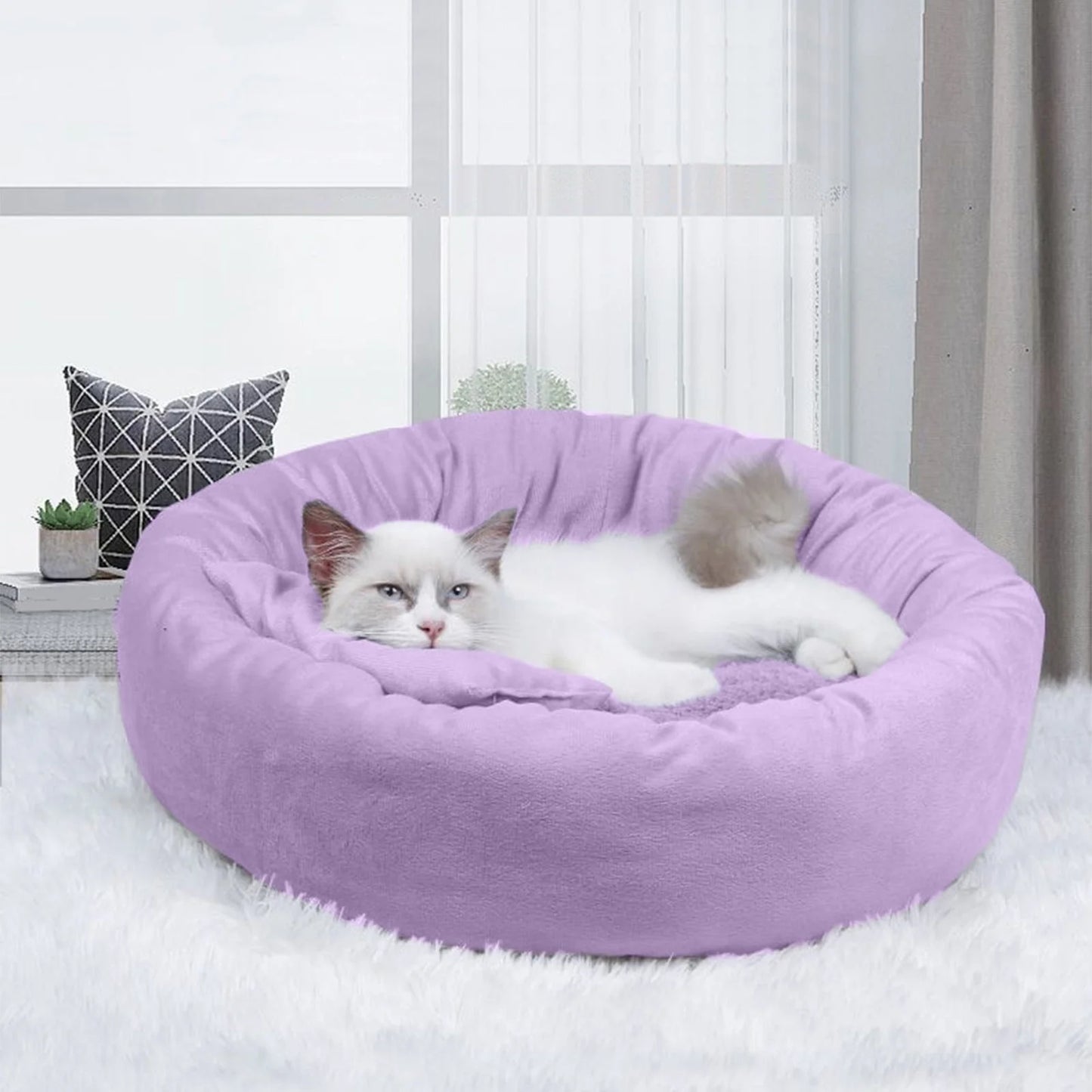 14In round Cat Beds for Indoor Cats Small Dog Bed with Pillow, Washable Soft Plush Calming Pet Bed for Kittens Puppy, Purple