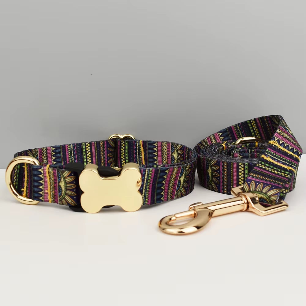Custom Engraved Ethnic Style Dog Collar with Nameplate for Small Medium Large Dogs Pet Supplies with Matching Leash