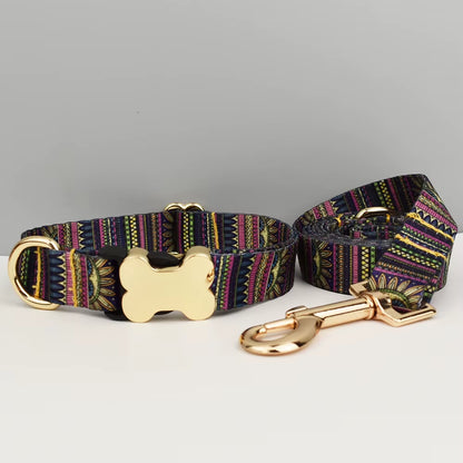 Custom Engraved Ethnic Style Dog Collar with Nameplate for Small Medium Large Dogs Pet Supplies with Matching Leash