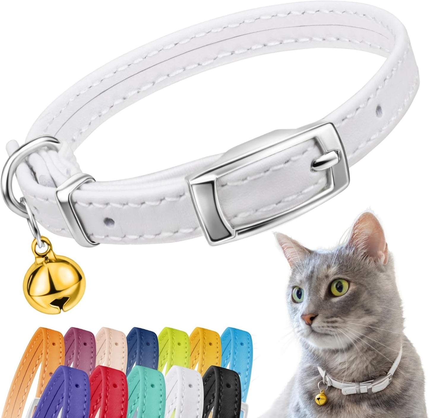 Leather Cat Collar with Removable Bell – Safety Elastic Strap (Breakaway Alternative) – Kitten Collar for Small & Big Boy & Girl Cats