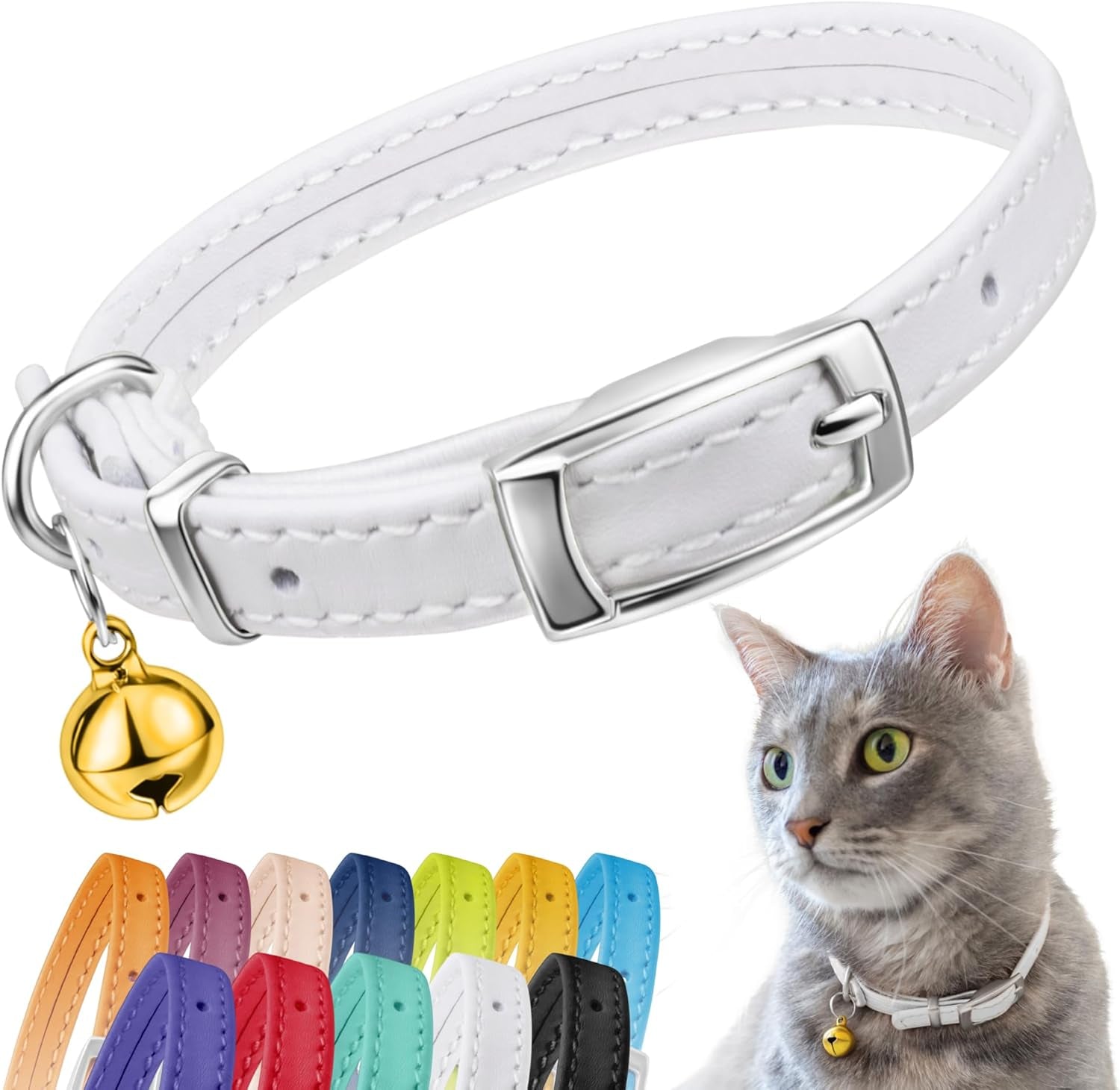 Leather Cat Collar with Removable Bell – Safety Elastic Strap (Breakaway Alternative) – Kitten Collar for Small & Big Boy & Girl Cats