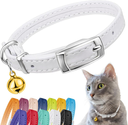 Leather Cat Collar with Removable Bell – Safety Elastic Strap (Breakaway Alternative) – Kitten Collar for Small & Big Boy & Girl Cats