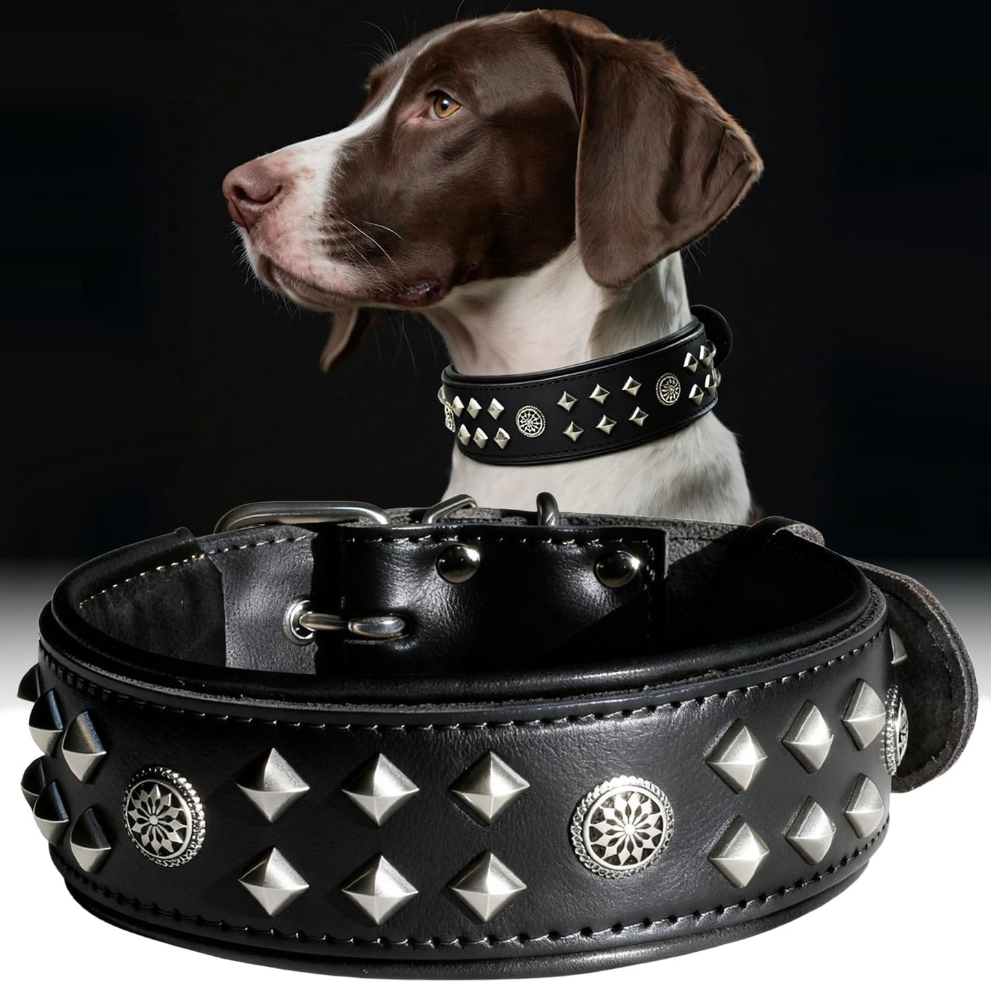 Eliteguard Genuine Leather Dog Collar, 2.2-Inch Handmade Studded with Stainless Steel Buckle, Daily Wear for Large Dogs, Brown 14-18.5 In