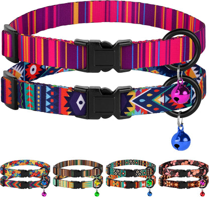 Cat Collars 2 Pack - Soft Cute Breakaway Collar with Bell, Adjustable Safety Kitten Collars for Girl & Boy Cats – Comfortable Stylish Patterned Print Lightweight (Tribal + Southwest)