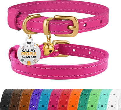Leather Cat Collar with Removable Bells Non Breakaway Kitten QR Tag for Girl Boy (7" - 9" for Cats, Purple & Gold)