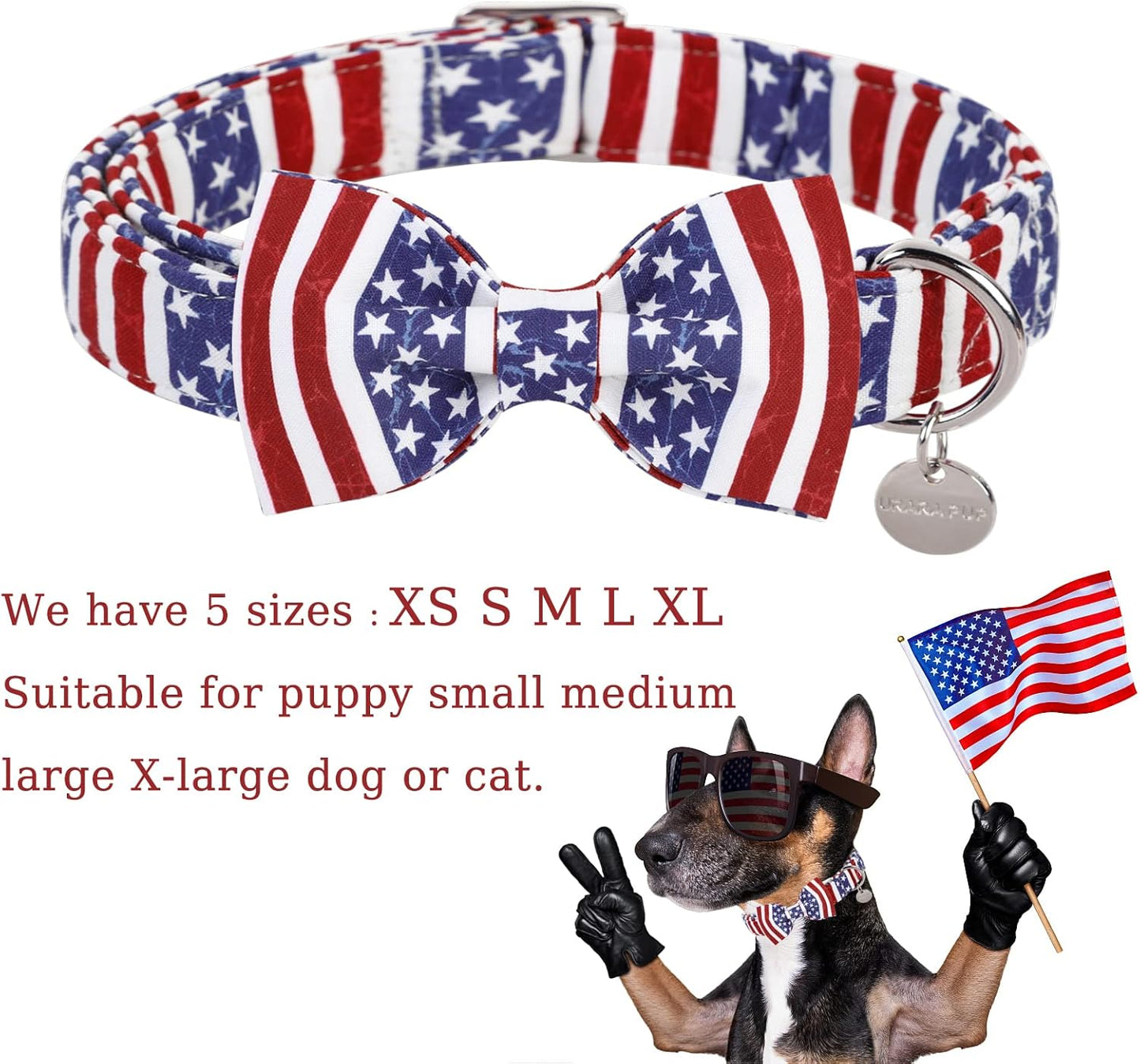 Patriotic Dog Collar with Bow Tie - 4th of July Comfortable Cotton American Flag Design for Large Dogs, Stylish Metal Buckle