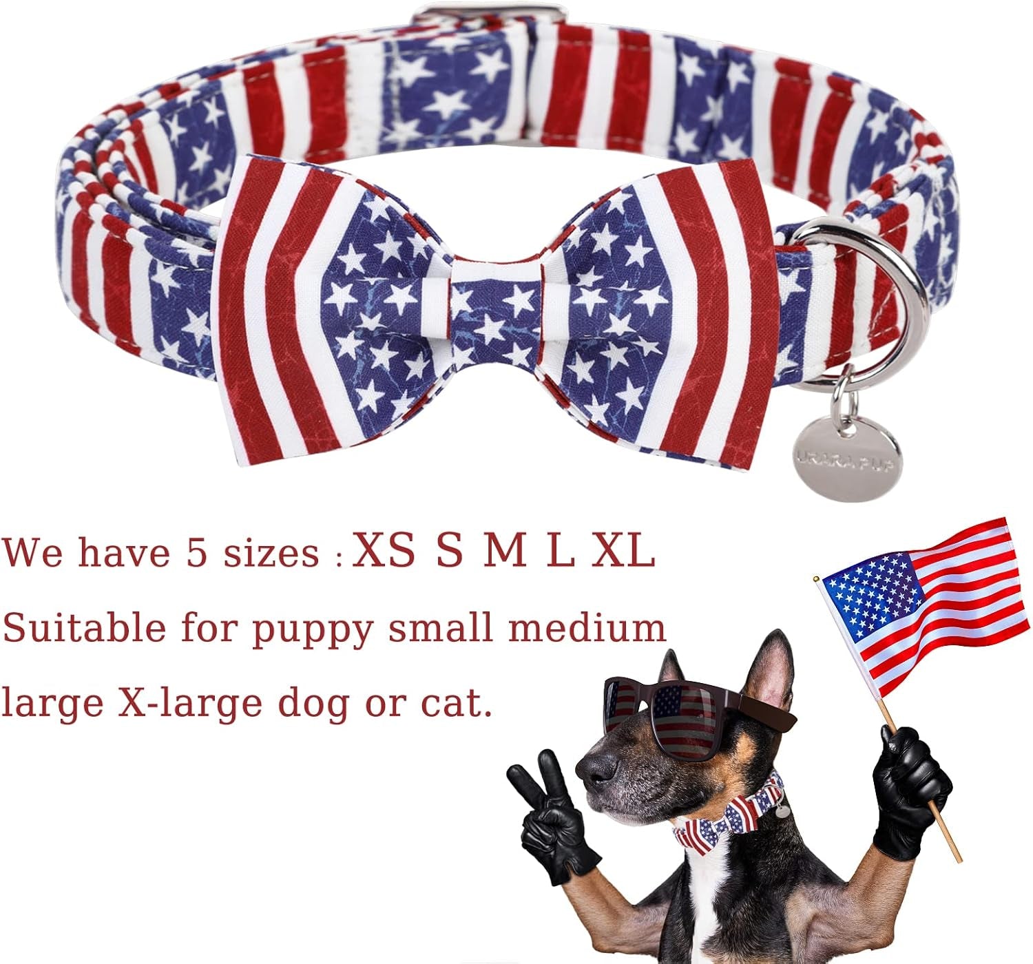 Patriotic Dog Collar with Bow Tie - 4th of July Comfortable Cotton American Flag Design for Large Dogs, Stylish Metal Buckle