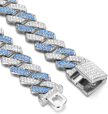 Blue Dog Chain Collar, Bling Diamond Cuban Link Puppy Collar Glitter Rhinestone Cat Collars for Small Medium Large Pet Dogs, 8-Inch
