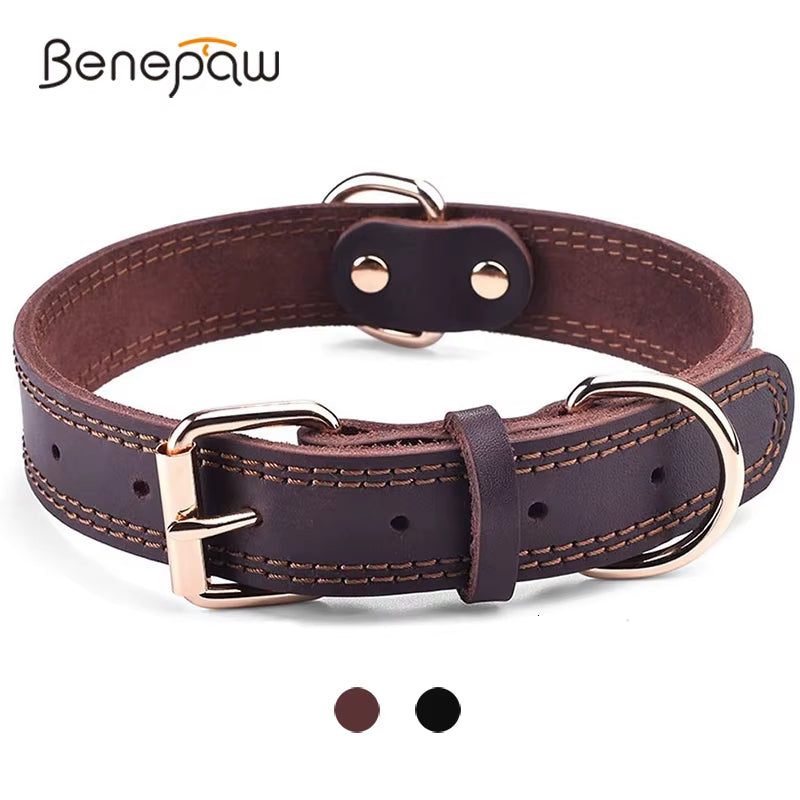 Quality Genuine Leather Dog Collar Durable Vintage Heavy-Duty Rustproof Double D-Ring Pet Collar for Medium Large Dogs