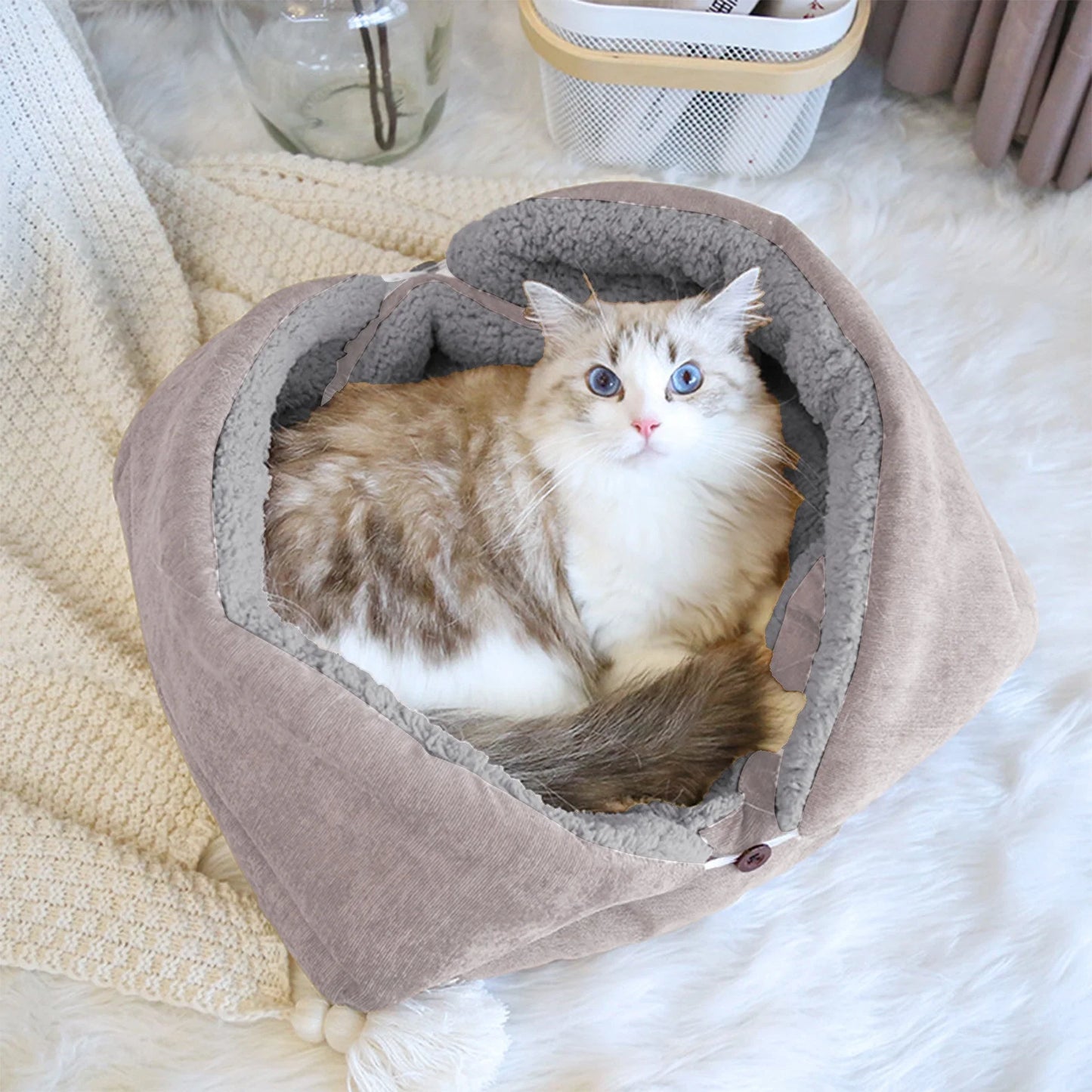 Cat Bed for Indoor, Washable Cave with Self-Warming Plush, Pet Bed for Small Cats & Dogs All Seasons (Gray, 27.56X19.69In)