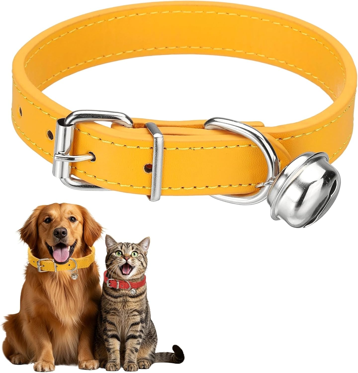 Dog Collar with Bell, Pu Leather Cat Collars Pet Basic Soft Padded Adjustable Buckle, 14.5" (Blue, 1 Pcs), Intended for Teacup/Little Dog/Kitten Cats/Small Animals