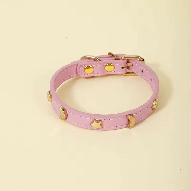 Cute Cat Collar Soft Leather Pet Collars for Small Dog Kitten Puppy Necklace Cats Accessories Star Moon Rivets Decoration XS-M