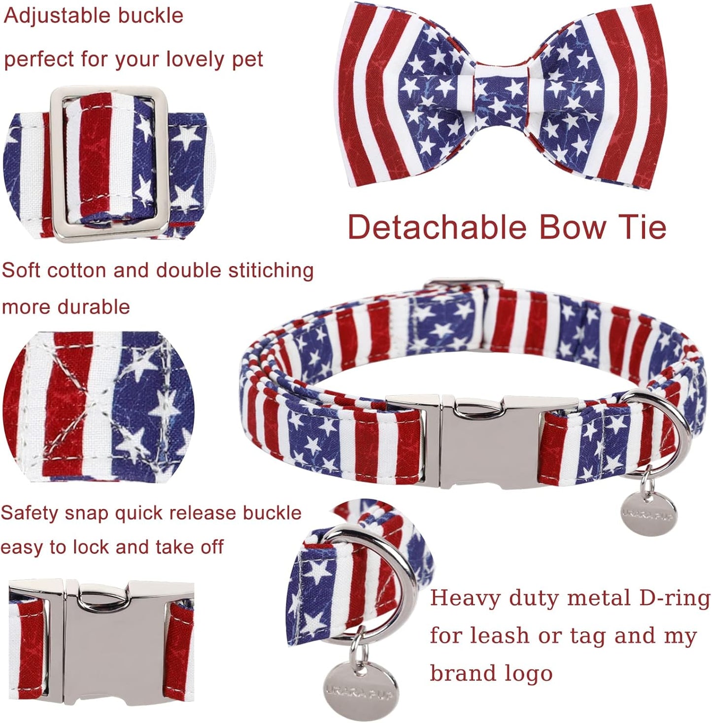 Patriotic Dog Collar with Bow Tie - 4th of July Comfortable Cotton American Flag Design for Large Dogs, Stylish Metal Buckle