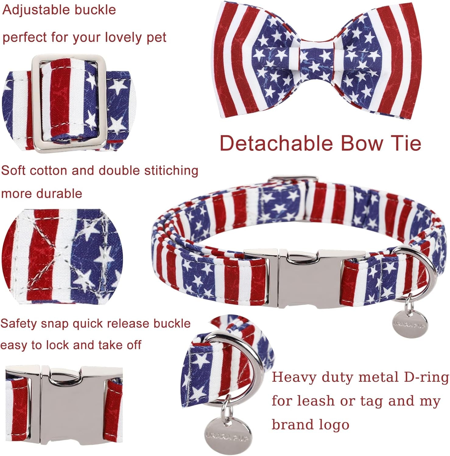 Patriotic Dog Collar with Bow Tie - 4th of July Comfortable Cotton American Flag Design for Large Dogs, Stylish Metal Buckle
