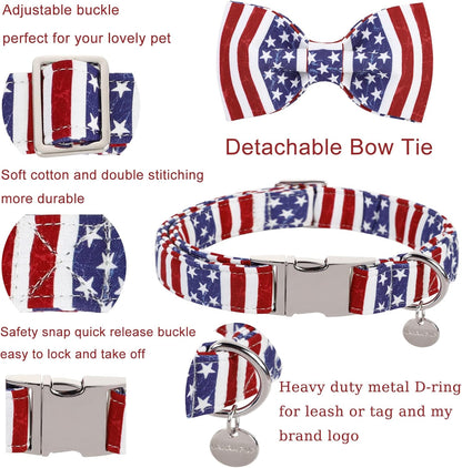 Patriotic Dog Collar with Bow Tie - 4th of July Comfortable Cotton American Flag Design for Large Dogs, Stylish Metal Buckle
