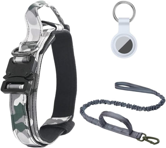 Heavy Duty Tactical Dog Collar, Extreme Strength for Large Dogs, Padded Control Handle (Includes a Grey Dog Leash, a Tracking Case Compatible with Airtag & 2 Sticky Tags) (Extra Large [XL])