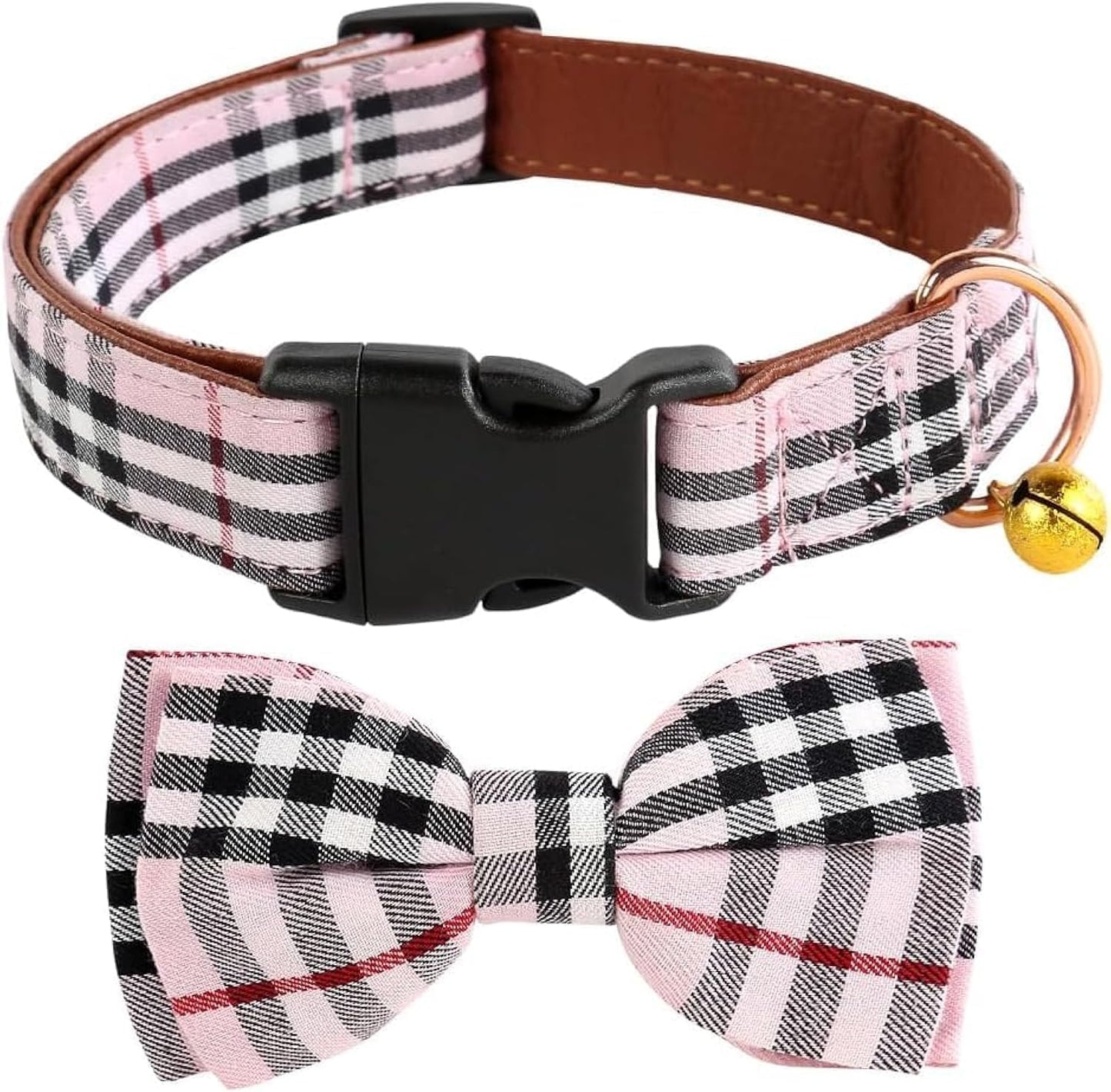 Dog Collar and Leash Set-Plaid Puppy Collar with Bow Tie - Adjustable Pet Collar for Dogs with Bell, Stylish Pattern for Small Medium or Large Boy and Girl Dog