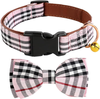 Dog Collar and Leash Set-Plaid Puppy Collar with Bow Tie - Adjustable Pet Collar for Dogs with Bell, Stylish Pattern for Small Medium or Large Boy and Girl Dog