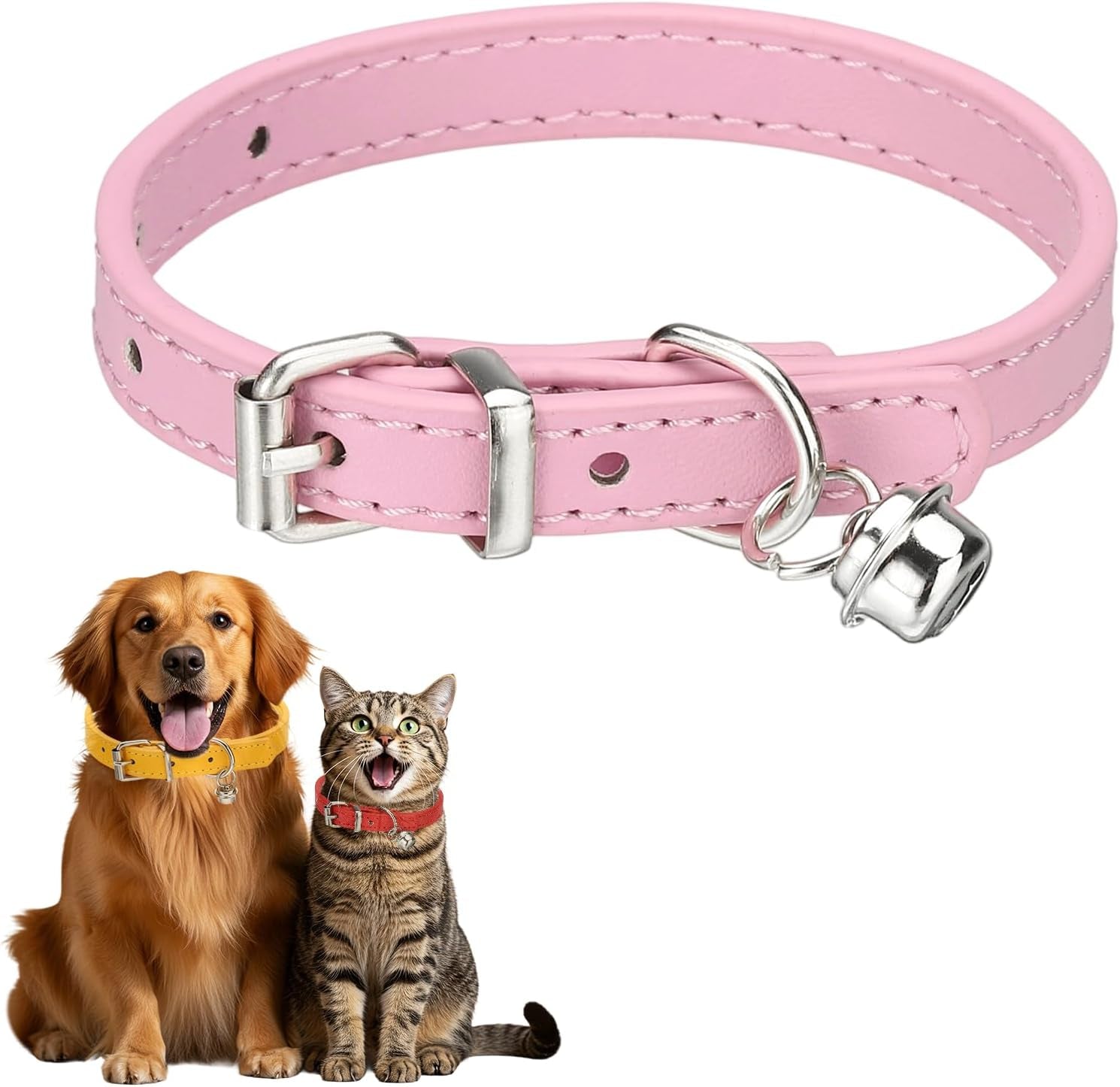 Dog Collar with Bell, Pu Leather Cat Collars Pet Basic Soft Padded Adjustable Buckle, 14.5" (Blue, 1 Pcs), Intended for Teacup/Little Dog/Kitten Cats/Small Animals