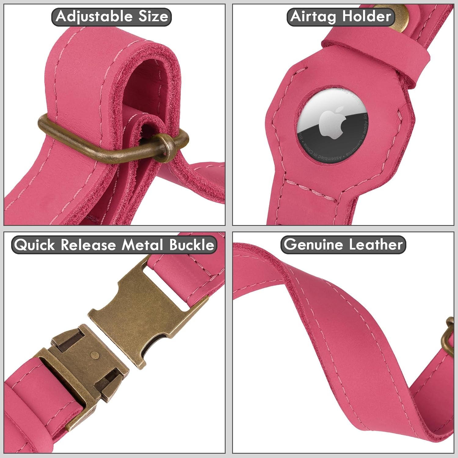 Airtag Dog Collar - Genuine Leather Dog Collar with Apple Airtag Holder and Metal Buckle - Smart GPS Tracking Pet Collars (Pink, S, 12"-15" Neck Fit)