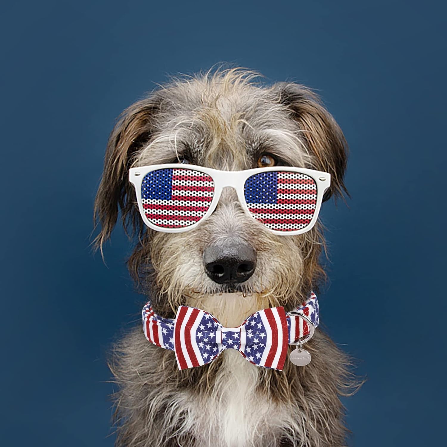 Patriotic Dog Collar with Bow Tie - 4th of July Comfortable Cotton American Flag Design for Large Dogs, Stylish Metal Buckle