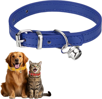 Dog Collar with Bell, Pu Leather Cat Collars Pet Basic Soft Padded Adjustable Buckle, 14.5" (Blue, 1 Pcs), Intended for Teacup/Little Dog/Kitten Cats/Small Animals