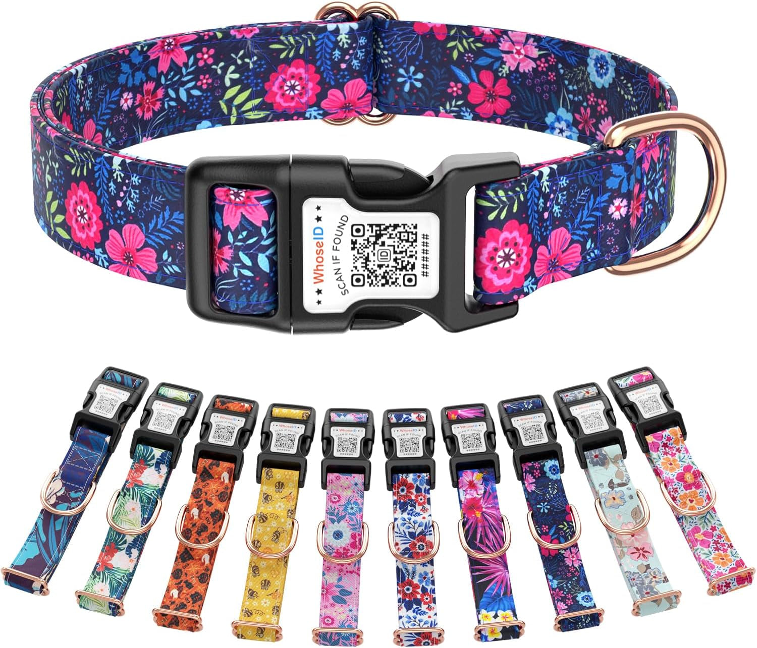 Cute Adjustable Dog Collar with QR Code Buckle - Metal Clip & Cotton Webbing Comfort Fit for Mediun Pets