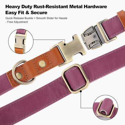 Genuine Leather & Hemp Dog Collar – Adjustable Heavy Duty Pet Collar with Quick Release Metal Buckle, Soft & Stylish for Puppy and Small, Medium, Large Dogs (Purple, L)