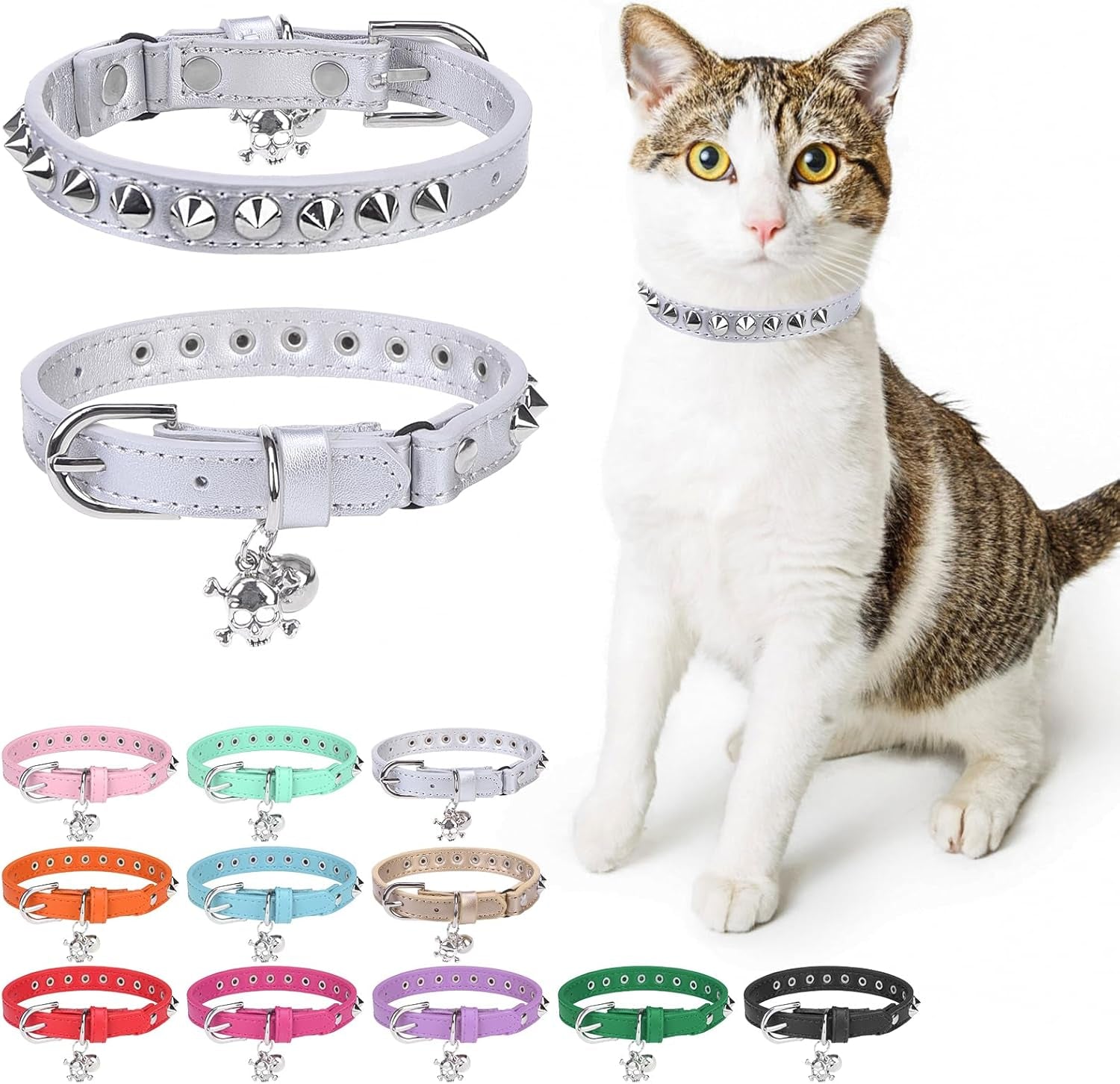 Leather Cat Collars for Boy Girl Cats with Bell and Safety Elastic Belt, Personalized Star and Moon Stud Adjustable Safe Buckle Collar for Kitty Small Big Cats Size 7-9 Inch, Black