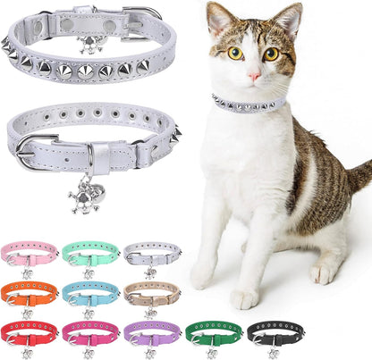 Leather Cat Collars for Boy Girl Cats with Bell and Safety Elastic Belt, Personalized Star and Moon Stud Adjustable Safe Buckle Collar for Kitty Small Big Cats Size 7-9 Inch, Black