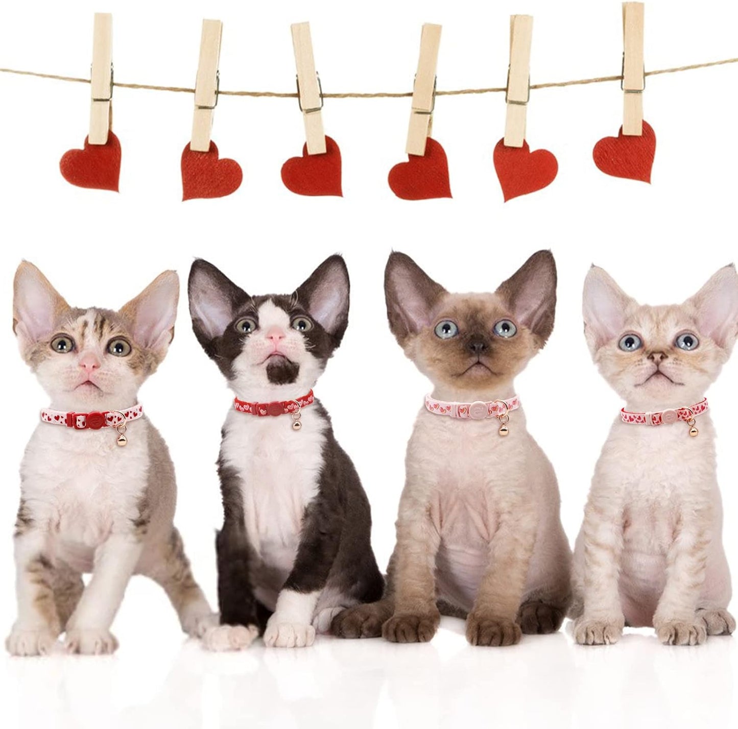 4 Pack Valentines Kitten Collar with Bell Valentines Day Breakaway Kitten Collars with Cute Heart Pattern Adjustable Size Suitable for Kittens